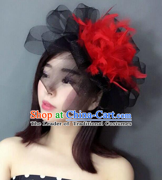 Handmade Baroque Hair Accessories Red Feather Headwear, Bride Ceremonial Occasions Top Hat for Women