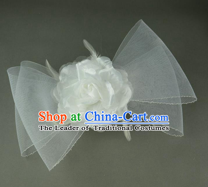 Handmade Baroque Hair Accessories White Veil Bowknot Headwear, Bride Ceremonial Occasions Hair Stick for Kids