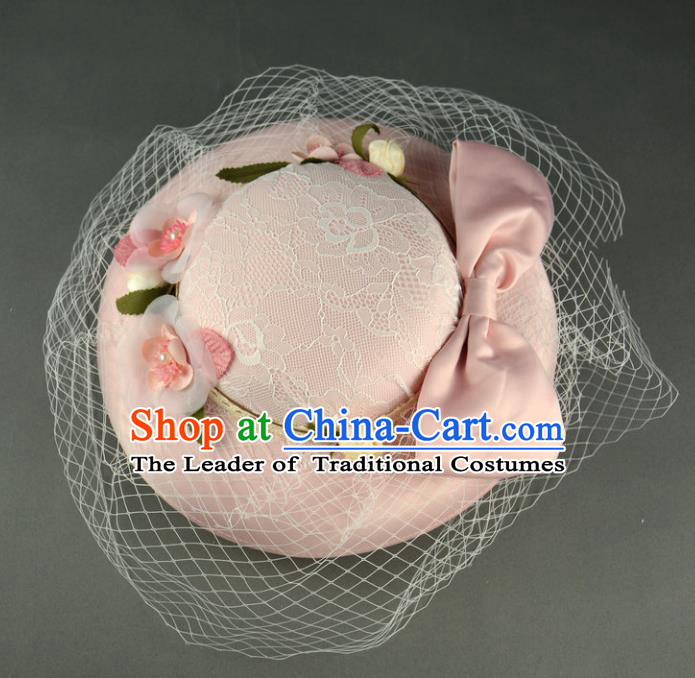 Handmade Baroque Hair Accessories Model Show Pink Bowknot Top Hats, Bride Ceremonial Occasions Headwear for Women
