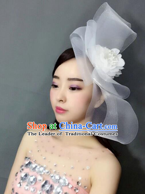 Handmade Baroque Hair Accessories Model Show White Veil Bowknot Hair Stick, Bride Ceremonial Occasions Headwear for Women