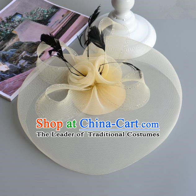 Handmade Baroque Hair Accessories Model Show Yellow Veil Hair Stick, Bride Ceremonial Occasions Headwear for Women