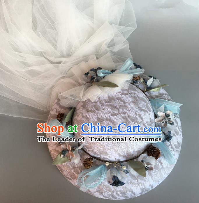 Top Grade Handmade Wedding Hair Accessories Bride Garland Headwear, Baroque Style Long Veil Flowers Top Hat for Women