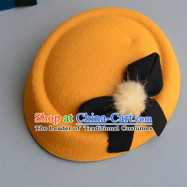 Top Grade Handmade Wedding Hair Accessories Bride Headwear, Baroque Style Yellow Bowknot Top Hat for Women
