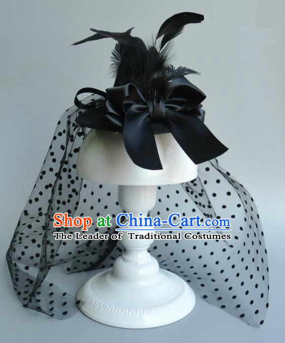 Top Grade Handmade Wedding Hair Accessories Bride Veil Headwear, Baroque Style Black Bowknot Hair Stick for Women