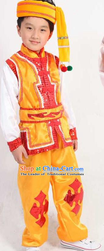 Traditional Chinese Classical Yangge Fan Dance Costume, Dai Nationality Folk Dance Uniform Drum Dance Yellow Clothing for Kids