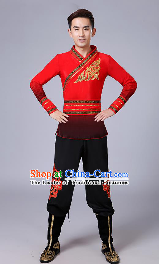 Traditional Chinese Classical Yangge Dance Embroidered Costume, Folk Fan Dance Uniform Drum Dance Red Clothing for Men