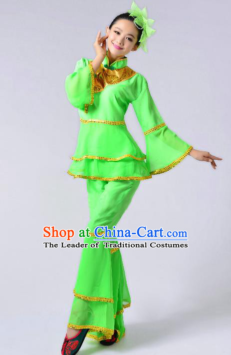 Traditional Chinese Yangge Fan Dance Mandarin Sleeve Costume, Folk Umbrella Dance Uniform Classical Dance Green Clothing for Women
