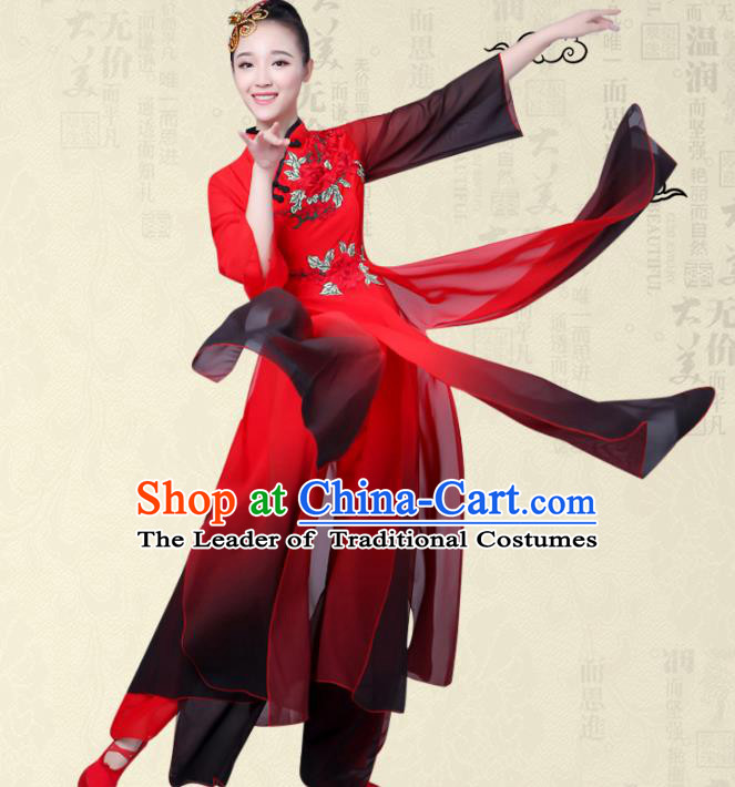 Traditional Chinese Yangge Fan Dance Ink Painting Costume, Folk Dance Orange Uniform Classical Dance Red Clothing for Women