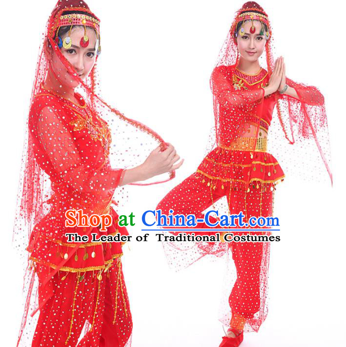 Traditional Chinese Uyghur Nationality Dance Costume, Chinese Minority Nationality Uigurian Dance Red Clothing for Women