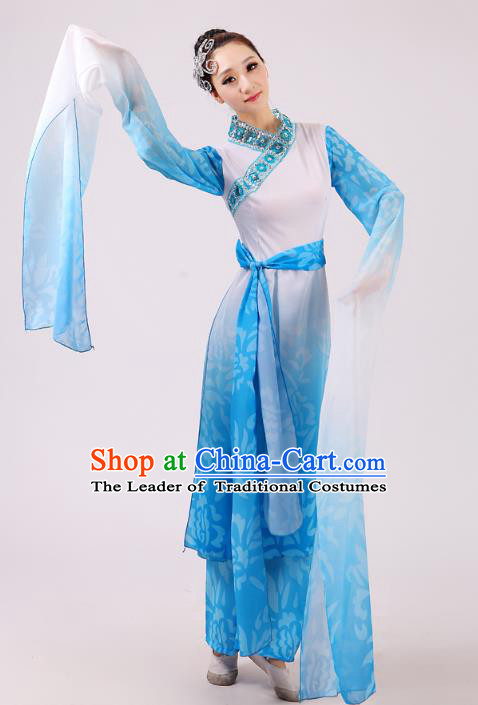 Traditional Chinese Yangge Fan Dance Dance Blue Costume, Folk Dance Uniform Classical Dance Water Sleeve Dress Clothing for Women