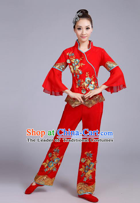 Traditional Chinese Classical Yanko Dance Embroidered Peony Red Costume, Folk Yangge Dance Uniform Drum Dance Clothing for Women