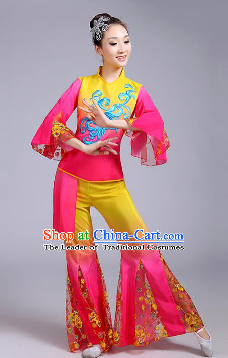 Traditional Chinese Classical Yanko Dance Embroidered Pink Costume, Folk Yangge Dance Mandarin Sleeve Uniform Drum Dance Clothing for Women