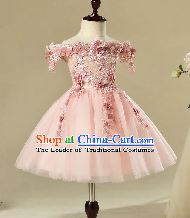 Children Modern Dance Costume Pink Off Shoulder Dress, Ceremonial Occasions Model Show Princess Veil Full Dress for Girls