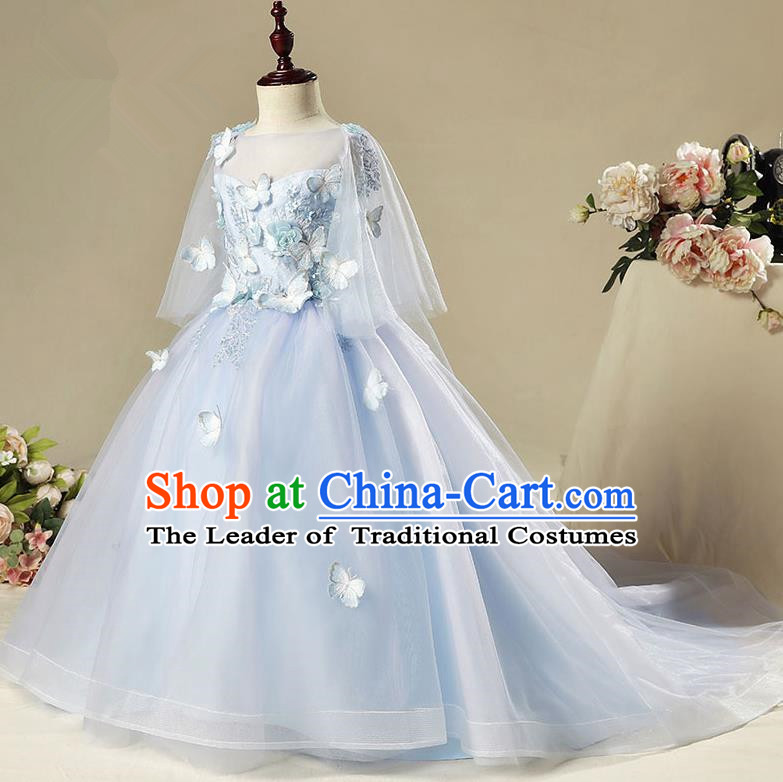 Children Modern Dance Costume Blue Trailing Dress, Ceremonial Occasions Model Show Princess Veil Full Dress for Girls