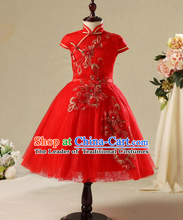 Children Modern Dance Costume Red Cheongsam, Ceremonial Occasions Model Show Princess Veil Full Dress for Girls