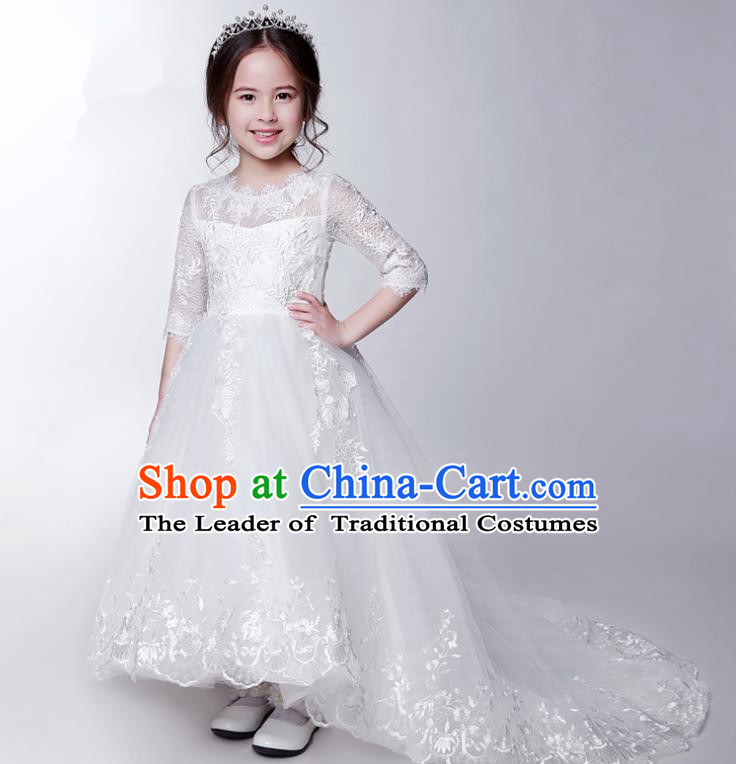 Children Model Show Dance Costume White Veil Trailing Dress, Ceremonial Occasions Catwalks Princess Full Dress for Girls