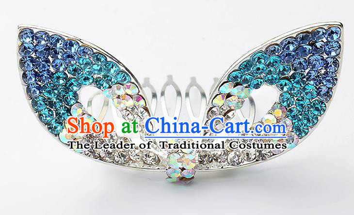 Handmade Children Hair Accessories Blue Crystal Hair Comb, Princess Halloween Model Show Royal Crown Headwear for Kids