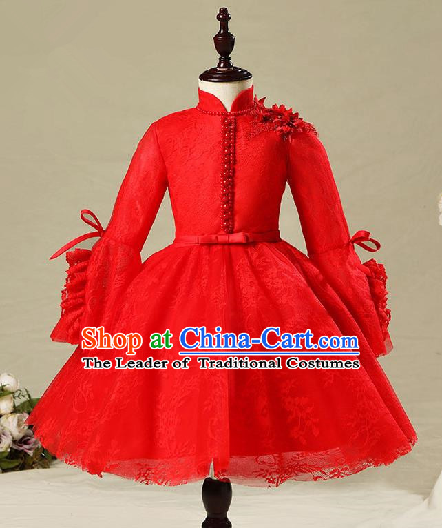 Children Model Show Dance Costume Red Veil Dress, Ceremonial Occasions Catwalks Princess Full Dress for Girls