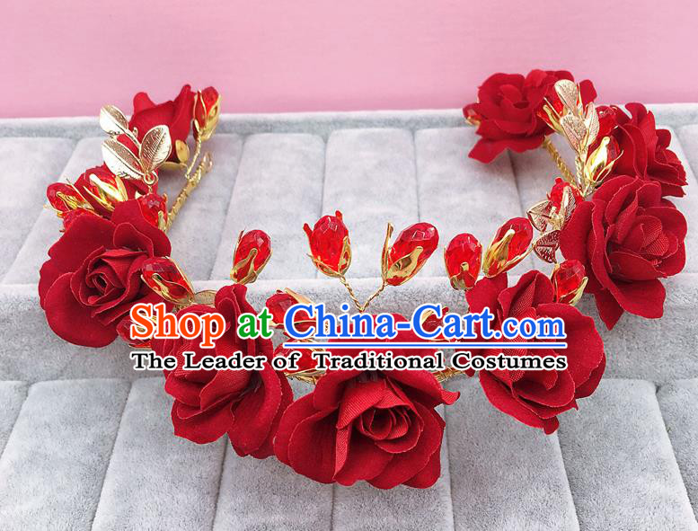 Handmade Children Hair Accessories Red Rose Royal Crown, Princess Halloween Model Show Hair Clasp Headwear for Kids