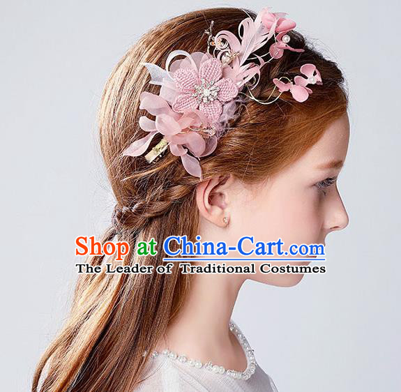 Handmade Children Hair Accessories Pink Flowers Hair Stick, Princess Halloween Model Show Hair Claw Headwear for Kids