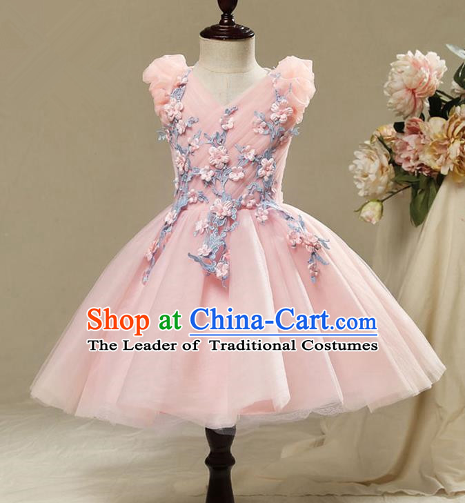 Children Model Show Dance Costume Embroidery Pink Bubble Full Dress, Ceremonial Occasions Catwalks Princess Veil Dress for Girls