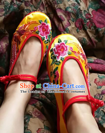 Asian Chinese Shoes Wedding Shoes Yellow Satin Shoes, Traditional China Opera Shoes Hanfu Shoes Embroidered Phoenix Peony Shoes