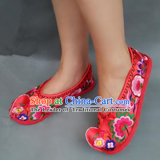 Asian Chinese Shoes Wedding Shoes Handmade Red Embroidered Shoes, Traditional China Princess Shoes Hanfu Become Warped Head Shoe for Women