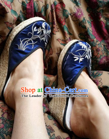 Traditional Chinese National Blue Wedge Heel Shoes Embroidered Shoes, China Handmade Shoes Hanfu Embroidery Orchid Shoes for Women