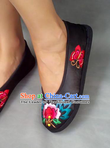 Traditional Chinese National Black Cloth Shoes Embroidered Shoes, China Handmade Shoes Hanfu Embroidery Butterfly Peony Shoes for Women