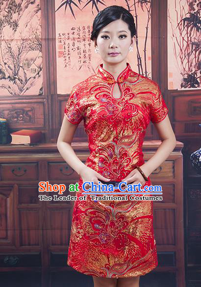 Traditional Ancient Chinese Republic of China Cheongsam, Asian Chinese Chirpaur Short Red Qipao Dress Clothing for Women