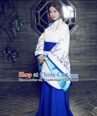Traditional Ancient Chinese Imperial Consort Costume, Elegant Hanfu Chinese Han Dynasty Imperial Empress Blue Embroidered Clothing for Women