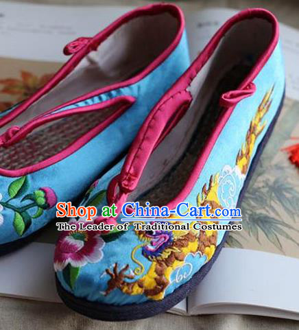 Traditional Chinese National Embroidered Shoes Wedding Blue Shoes, China Handmade Shoes Hanfu Embroidery Dragon and Phoenix Shoes for Women