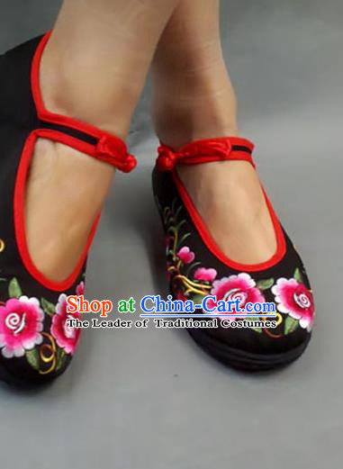 Traditional Chinese National Embroidered Shoes Black Cloth Shoes, China Handmade Shoes Hanfu Embroidery Flowers Shoes for Women