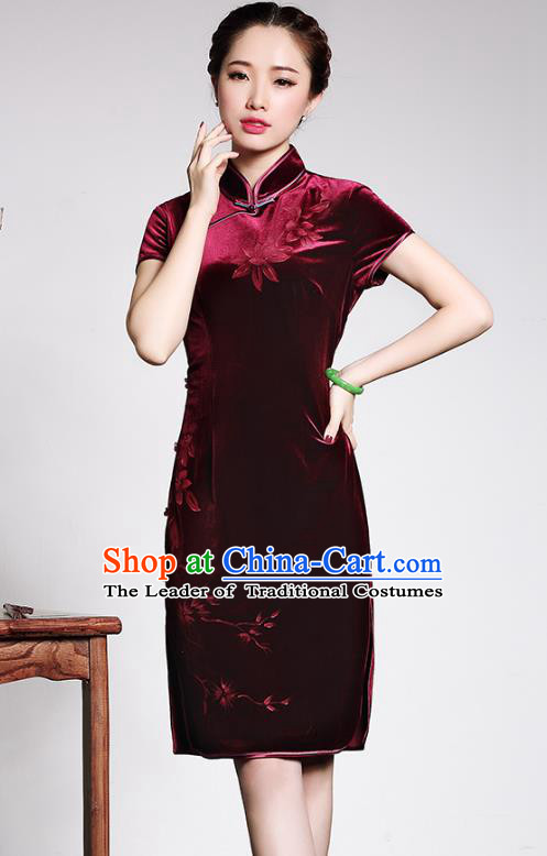 Traditional Chinese National Costume Elegant Hanfu Wine Red Velvet Cheongsam, China Tang Suit Plated Buttons Chirpaur Dress for Women