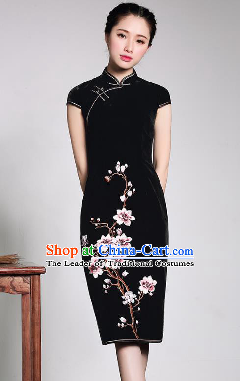 Traditional Chinese National Costume Elegant Hanfu Black Velvet Embroidered Cheongsam, China Tang Suit Plated Buttons Chirpaur Dress for Women