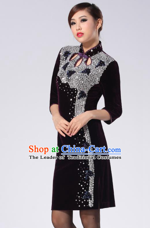 Traditional Chinese National Costume Elegant Hanfu Purple Velvet Crystal Cheongsam, China Tang Suit Plated Buttons Chirpaur Dress for Women