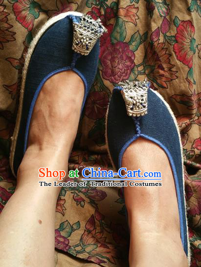 Traditional Chinese National Embroidered Shoes Handmade Navy Linen Shoes, China Hanfu Embroidery Shoes for Women