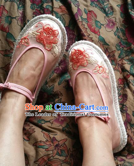 Traditional Chinese National Embroidered Shoes Handmade Pink Satin Shoes, China Hanfu Embroidery Flowers Shoes for Women