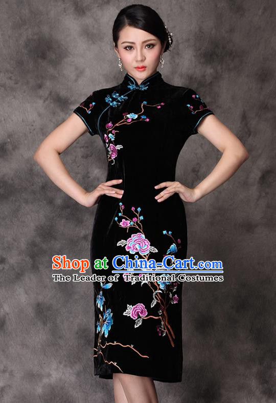 Traditional Chinese National Costume Elegant Hanfu Embroidered Black Velvet Cheongsam, China Tang Suit Plated Buttons Chirpaur Dress for Women