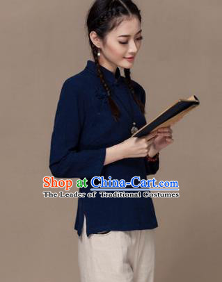 Traditional Chinese National Costume Elegant Hanfu Plated Button Navy Linen Shirt, China Tang Suit Upper Outer Garment Cheongsam Blouse for Women