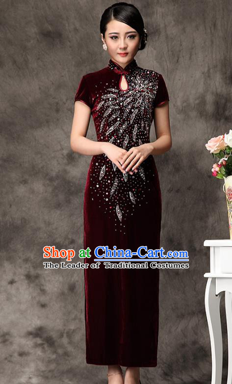 Traditional Chinese National Costume Elegant Hanfu Red Velvet Beading Cheongsam, China Tang Suit Plated Buttons Chirpaur Dress for Women