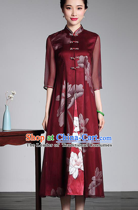 Traditional Chinese National Costume Elegant Hanfu Red Silk Long Cheongsam, China Tang Suit Plated Buttons Chirpaur Dress for Women