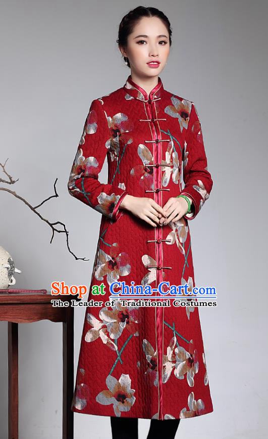 Traditional Chinese National Costume Elegant Hanfu Cheongsam Red Cotton-padded Coat, China Tang Suit Plated Buttons Chirpaur Dust Coat for Women