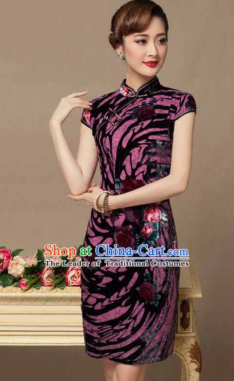 Traditional Chinese National Costume Elegant Hanfu Purple Velvet Cheongsam, China Tang Suit Plated Buttons Chirpaur Dress for Women