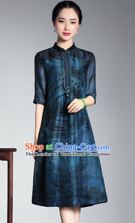 Traditional Chinese National Costume Elegant Hanfu Cheongsam Blue Linen Printing Cheongsam, China Tang Suit Plated Buttons Chirpaur Dress for Women