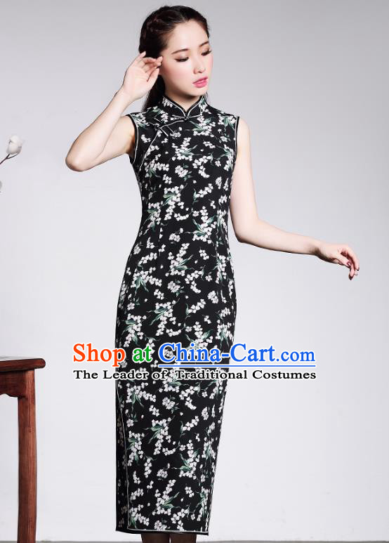 Traditional Chinese National Costume Elegant Hanfu Plated Button Black Qipao Dress, China Tang Suit Cheongsam for Women