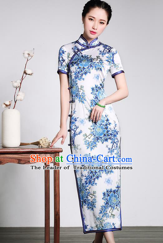 Traditional Chinese National Costume Elegant Hanfu Plated Buttons Blue Silk Qipao Dress, China Tang Suit Cheongsam for Women