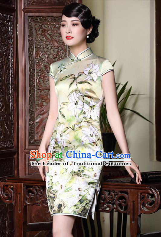 Traditional Chinese National Costume Elegant Hanfu Plated Buttons Qipao, China Tang Suit Silk Printing Cheongsam Dress for Women