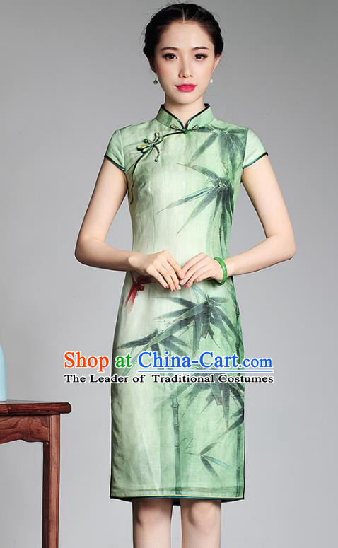 Traditional Chinese National Costume Ink Painting Bamboo Qipao Dress, China Tang Suit Chirpaur Green Cheongsam for Women