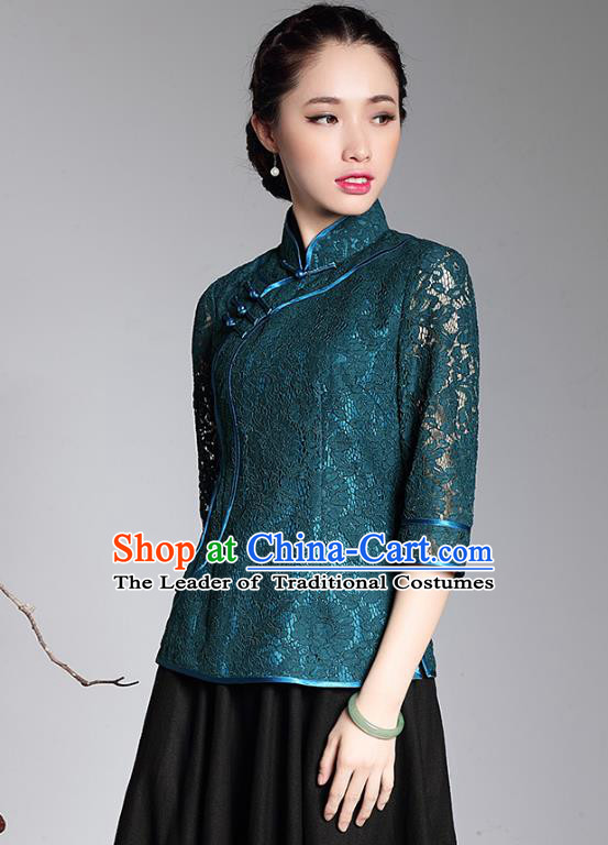 Traditional Chinese National Costume Plated Buttons Green Lace Qipao Shirts, China Tang Suit Chirpaur Cheongsam Blouse for Women